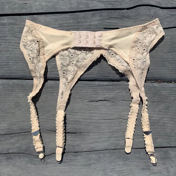 Vintage Garter Belt Suspenders Claws Beige Sheer Embroidered Lace - Picture 8 of 12